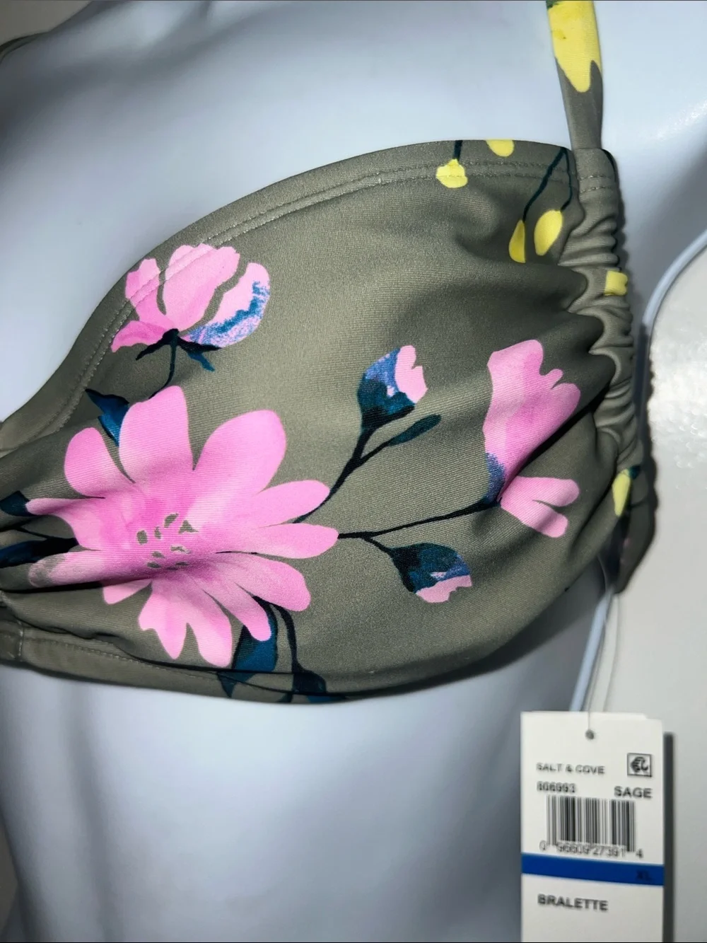 Salt + Cove Juniors' Floral-Print Sweetheart Bralette Bikini Top in Sage Sz. XL